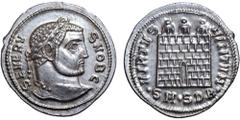 Severus II, as Caesar, AR Argenteus. Serdica, AD 305-306. SEVERVS NOB C, laureate bust right / VIRTVS MILITVM, three-turreted camp-gate with no doors, pellet in doorway, •SM•SDB• in exergue. RIC -; Ga