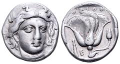 Rhodos, Rhodes AR Didrachm. Circa 340-316 BC. AR Didrachm (19mm, 6.44 g, 12h). Head of Helios facing slightly right / Rose with bud to right; club and E to left. Ashton 96; SNG Keckman 427-8 var. (E r