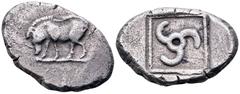 Dynasts of Lycia, uncertain mint or dynast AR Stater. Circa 520-480 BC. Boar walking left / Triskeles within dotted incuse square. Cf. SNG von Aulock 4061 (boar right); cf. SNG Copenhagen Supp. 379 (s