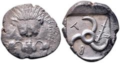Dynasts of Lycia, Trbbenimi AR Stater. Zemura (Limyra), circa 390-375 BC. Facing lion scalp / Triskeles; small triskeles and club in fields, TRB (in Lycian) around; all within incuse square. Jameson 1