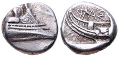 Lycia, Phaselis AR Tetrobol. Circa 500-440 BC. Prow of galley right / Stern of galley left; ΦΑΣ above. SNG von Aulock-; Cf Heipp-Tamer 72. 3.37g, 13mm, 11h. Good Very Fine.