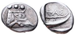 Lycia, Phaselis AR Tetrobol. Circa 500-440 BC. Prow of galley in the form of a boar's forepart to right / Stern of galley right; ΦΑΣ above. SNG von Aulock 4394-4396. 3.27g, 14mm, 10h. Good Very Fine.