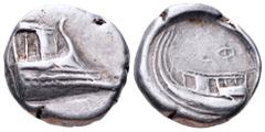 Lycia, Phaselis AR Tetrobol. Circa 500-440 BC. Prow of galley right / Stern of galley left; ΦΑΣ above. SNG von Aulock-; Cf Heipp-Tamer 72. 3.44g, 14mm, 10h. Very Fine.