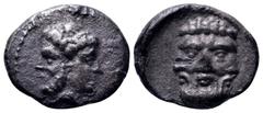 Lycia, uncertain mint AR Obol. Circa 360-323 BC. Janiform head, masculine to left, female to right / Three-faced bearded head. NGSA 7, 245; Traité -; SNG France -; SNG Switzerland I 201-202. 0.72g, 10