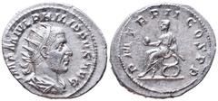 Philip I AR Antoninianus. Rome, AD 245. IMP M IVL PHILIPPVS AVG Radiate, draped and cuirassed bust of Philip I to right / P M TR P II COS P P Philip I seated left on curule chair, holding a globe and 
