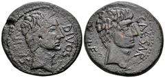 Octavian and Divus Julius Caesar Æ Dupondius. Southern (?) Italian mint, circa 38 BC. CAESAR DIVI F, bare head of Octavian right, with slight beard / DIVOS IVLIVS, wreathed head of Divus Julius Caesar