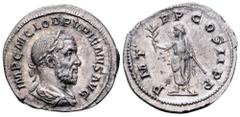 Pupienus AR Denarius. Rome, AD 238. IMP C M CLOD PVPIENVS AVG, laureate, draped and cuirassed bust right / P M TR P COS II P P, Pupienus standing left, holding branch and parazonium. RIC 5; BMCRE 50; 