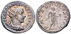 Gordian III AR Denarius. Rome, AD 240. IMP GORDIANVS PIVS FEL AVG, laureate, draped and cuirassed bust right / P M TR P III COS II P P, Gordian standing right, holding spear and globe. RIC 115; RSC 24