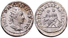 Philip II AR Antoninianus. Rome, AD 247-249. IMP PHILIPPVS AVG, radiate, draped and cuirassed bust right / LIBERALITAS AVGG III, Philip I and Philip II seated left on curule chairs; Philip I holds sho