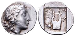 Lycia, Kyaneai as a member of the Lycian League AR Drachm. 167-81 BC. Laureate head of Apollo right, bow and quiver over shoulder / City initials K-Y on either side of a kithara, ΛVKIΩΝ above, sword i