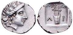 Lycia, Limyra as a member of the Lycian League AR Drachm. 167-81 BC. Laureate head of Apollo right, bow and quiver over shoulder / City initials Λ-Ι on either side of a kithara, ΛVKIΩΝ above; all with