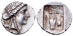 Lycia, Olympos as a member of the Lycian League AR Drachm. Circa 167-100 BC. Laureate head of Apollo right, with bow and quiver over shoulder / Kithara; torch to lower left, sword behind shield to low