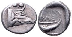 Lycia, Phaselis AR Tetrobol. Circa 500-440 BC. Prow of galley in the form of a boar's forepart to right / Stern of galley right; ΦΑΣ above. SNG von Aulock 4394-4396. 3.45g, 14mm, 2h. Good Very Fine.