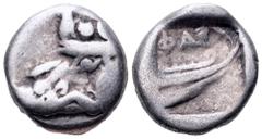 Lycia, Phaselis AR Tetrobol. Circa 500-440 BC. Prow of galley in the form of a boar's forepart to left / Stern of galley right; ΦΑΣ above. SNG von Aulock 4394-4396. 3.36g, 14mm, 10h. Good Very Fine.