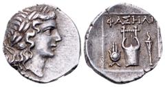 Lycia, Phaselis as a member of the Lycian League AR Drachm. Circa 167-100 BC. Laureate head of Apollo right, bow and quiver over shoulder / Kithara; Isis crown to left, torch to right; all within incu