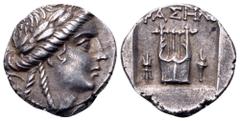 Lycia, Phaselis as a member of the Lycian League AR Drachm. Circa 167-100 BC. Laureate head of Apollo right; bow and quiver over shoulder / Kithara; thunderbolt to left; torch to right; all within inc