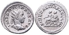 Philip II AR Antoninianus. Rome, AD 247-249. IMP PHILIPPVS AVG, radiate, draped and cuirassed bust right / LIBERALITAS AVGG III, Philip I and Philip II seated left on curule chairs; Philip I holds sho