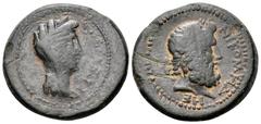 Lydia, Tralleis (as Caesarea) Pseudo-Autonomous Æ20. Nicomedes, magistrate. Time of Augustus, struck circa AD 14-29. KAIΣAPEΩN, veiled head (of Livia?) right / NIKOMHΔHΣ, laureate head of Zeus right. 