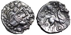 Britannia, Trinovantes AR Unit. Circa 50-40 BC. Late Whaddon Chase type (Lister’s Celtic Head). Male head right, large locks of hair falling down to the back of neck in twisted strands, small horse be