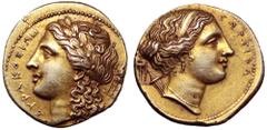 Sicily, Syracuse EL 100 Litrai. Agathokles, circa 304-289 BC. Laureate head of Apollo to left; tripod behind, ΣYPAKOΣIΩN before / Head of Artemis to right, wearing earring and pearl necklace, a ribbon