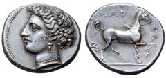 Thessaly, Larissa AR Drachm. Circa 400-350 BC. Head of the nymph Larissa left, wearing pearl necklace and triple-drop earring, her hair raised and bound / Bridled horse trotting right, tail curling up