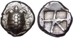 Islands off Attica, Aegina AR Stater. Circa 456/45-431 BC. Land tortoise with segmented shell / Large square incuse with skew pattern. Meadows, Aegina, Group IIIb; HGC 6, 437. 12.37g, 20mm. Very Fine.