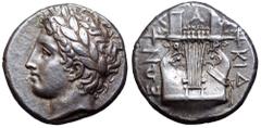 Macedon, Chalkidian League AR Tetradrachm. Olynthos, circa 364-361 BC. Archidamos, magistrate. Laureate head of Apollo to left / Kithara with seven strings, ΧΑΛΚΙΔΕΩΝ around; above bridge of Kithara, 