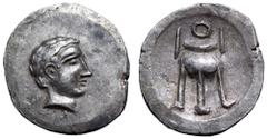 Crete, Axos AR Stater. Circa 4th century BC. Young beardless head right with short cropped hair / Tripod with handles and animal feet. Unpublished variant, for general type cf. Le Rider 238-43 pl. 8, 