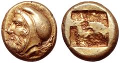 Ionia, Phokaia EL Hekte. Circa 478-387 BC. Bearded head of Tissaphernes to left, wearing satrapal headdress / Quadripartite incuse square punch. Bodenstedt 86; SNG von Aulock –; Boston MFA –; BMC –; P