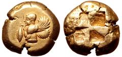 Mysia, Kyzikos EL Stater. Circa 550-500 BC. Half-length bust of a winged female deity or spirit to left, wearing kekryphalos headdress, round earring and long-sleeved chiton, in her right hand holding