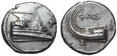 Lycia, Phaselis AR Stater. 4th century BC. Prow of galley right, fighting platform decorated with wreath; grape bunch on vine to right / Stern of galley left; ΦAΣ above. Heipp-Tamer Series 6, unlisted