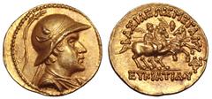 Greco-Baktrian Kingdom, Eukratides I 'the Great' AV Stater. Circa 170-145 BC. Diademed and draped bust right, wearing crested helmet adorned with bull's horn and ear; all within pelleted border / BAΣI