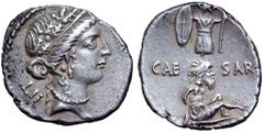 Julius Caesar AR Denarius. Military mint moving with Caesar, 48-47 BC. Diademed female head right, wearing oak-wreath, cruciform earring, and pearl necklace; IIT behind / Gallic trophy holding oval sh