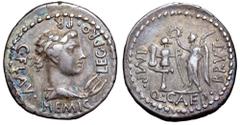 Q. Servilius Caepio (M. Junius) Brutus and C. Flavius Hemicullus AR Denarius. Military mint moving with Brutus, 43-42 BC. Draped bust of Apollo right, lyre in front; C•FLAV•HEMIC•LEG•PRO•PR around / V