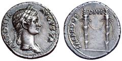 Antonia Minor AR Denarius. Struck under Claudius, Rome, AD 41-45. ANTONIA AVGVSTA, draped bust right, wearing crown of corn-ears, hair in long plait behind / SACERDOS DIVI AVGVSTI, two vertical long t