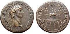 Claudius Æ Sestertius. Rome, AD 41-45. TI CLAVDIVS CAESAR AVG P M TR P IMP, laureate head of Claudius to right / NERO CLAVDIVS DRVSVS GERMAN IMP, the triumphal arch of Nero Claudius Drusus, surmounted