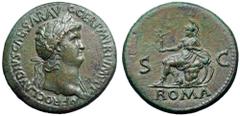 Nero Æ Sestertius. Rome, AD 65. NERO CLAVDIVS CAESAR AVG GER P M TR P IMP P P, laureate bust right, slight drapery / Roma, helmeted and draped, seated left on cuirass, right foot on helmet, holding Vi