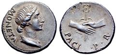 Civil War, Vindex AR Denarius. Uncertain mint in Gaul, AD 68. MONETA, head of Juno Moneta to right, PACI•P•R, clasped hands holding winged caduceus. Martin -, cf. 55 for obverse type and 41-43 for rev