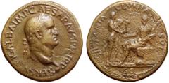 Galba Æ Sestertius. Rome, July AD 68-January AD 69. SER SVLPI GALBA IMP CAESAR AVG TR P, laureate and draped bust right with globe at point of bust / HISPANIA CLVNIA SVL, Galba, bare-headed and in mil