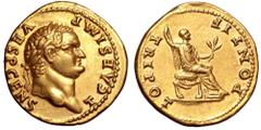Titus, as Caesar, AV Aureus. Rome, AD 73. T CAES IMP VESP CENS, laureate head right / PONTIF TRI POT, Titus, togate, seated right, feet on footstool, holding sceptre in right hand and branch in left. 