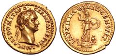 Domitian AV Aureus. Rome, AD 87. IMP CAES DOMIT AVG GERM P M TR P VI, laureate head right / IMP XIIII COS XIII CENS P P P, Minerva standing to right on prow, brandishing javelin in upraised right hand