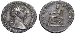 Trajan AR Denarius. Rome, AD 112-114. IMP TRAIANVS AVG GER DAC P M TR P COS VI P P, laureate bust right, slight drapery on far shoulder / DIVVS PATER TRAIAN, Trajan Pater, bare-headed and togate, seat