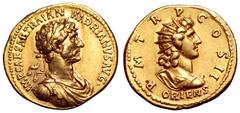 Hadrian AV Aureus. Rome, AD 118. IMP CAESAR TRAIAN HADRIANVS AVG, laureate, draped and cuirassed bust right / P M TR P COS II, bust of Sol, radiate and draped, right; ORIENS in exergue. RIC 43b; Calic