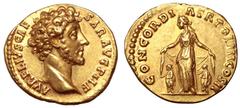 Marcus Aurelius, as Caesar, AV Aureus. Struck under Antoninus Pius, Rome, AD 148-149. AVRELIVS CAESAR AVG P II F, bare head right / CONCORDIA TR POT III COS II, Concordia standing facing, head left, s