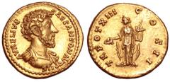 Marcus Aurelius, as Caesar, AV Aureus. Struck under Antoninus Pius. Rome, AD 158-159. AVRELIVS CAES ANTON AVG PII F, bare-headed and cuirassed bust right / TR POT XIII COS II, Apollo standing left, ho