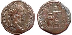 Commodus Æ Sestertius. Rome, AD 180. L AVREL COMMODVS AVG TR P V, laureate and cuirassed bust right, seen from behind / IOVI VICTORI IMP III COS II P P, Jupiter seated left, holding Victory in extende