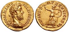 Commodus AV Aureus. Rome, AD 190-1. M COMM ANT P FEL AVG BRIT P P, laureate and draped bust right / MIN AVG P M TR P XVI COS VI, Minerva hurrying right, head turned back, holding branch, spear and shi