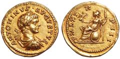 Caracalla AV Aureus. Laodicea ad Mare, AD 200. ANTONINVS AVGVSTVS, laureate and draped bust right / P MAX TR P III, Roma seated to left on round shield, holding Victory in her right hand and a reverse