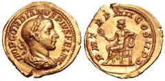 Gordian III AV Aureus. Rome, AD 241-243. IMP GORDIANVS PIVS FEL AVG, laureate and draped bust right / P M TR P IIII COS II P P, Apollo, bare to waist, seated left, holding branch and resting left elbo