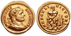 Maximianus AV Aureus. Rome, AD 293-294. MAXIMIANVS AVGVSTVS, laureate, draped and cuirassed bust right / HERCVLI VICTORI, Hercules seated facing on rock, head to right, lion's skin on lap, holding clu